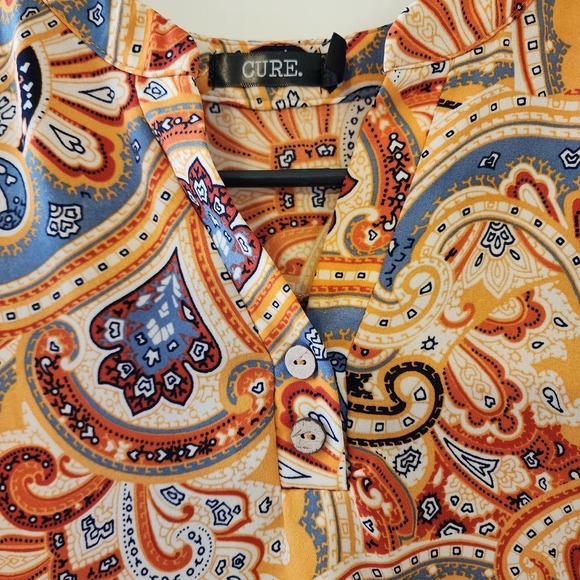 CURE Floral Orange Blue Roll-Tab V-Neck Pull-On Blouse‎ Top Size M/Small — Used, - Picture 10 of 14